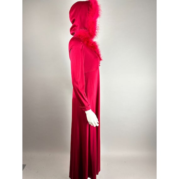 Vtg 70s Maroon Marabou Trim Hooded Robe w/ Maxi D… - image 4