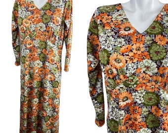 Vtg 70s Orange Brown Fall Floral Polyester Maxi Dress V Neck Size Large