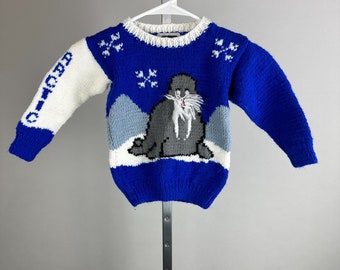 Vtg 80s Handmade Blue Childrens Arctic Walrus Igloo Sweater Size 3t 4t Acrylic