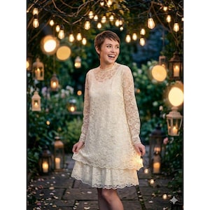 May include: A cream-colored lace dress with long sleeves and a tiered skirt. The dress features a high neckline and is worn outdoors under string lights and lanterns, creating a romantic ambiance.