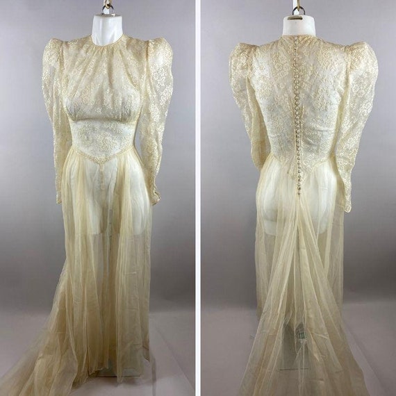 30s 40s Cream Lace Wedding Dress Puffy Womens XS/S
