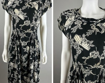 Vtg 40s Bernetti Black White Novelty Print Gift Roses Rayon Dress Draped Size S