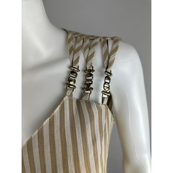 Vtg 90s Beige White Stripe Midi Dress Button Down… - image 8