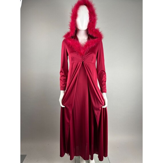 Vtg 70s Maroon Marabou Trim Hooded Robe w/ Maxi D… - image 6