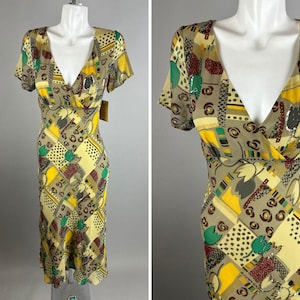 Vtg 90s Yellow Abstract Tulip Floral Slinky Flowy Beaded Maxi Dress Size M Silk