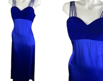 Vtg 90s Blue Purple Satin Slinky Maxi Dress Velvet Top Strappy Size 10 Glam Prom