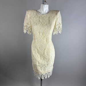 Vtg 80s Niki White Cream Lace Wedding Dress Fringe Trim Mini Womens Size 8