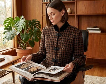 Chaqueta tipo blazer vintage de los 90 de Hanae Mori, de lana y tweed, color negro con ribete de terciopelo marrón, talla M.