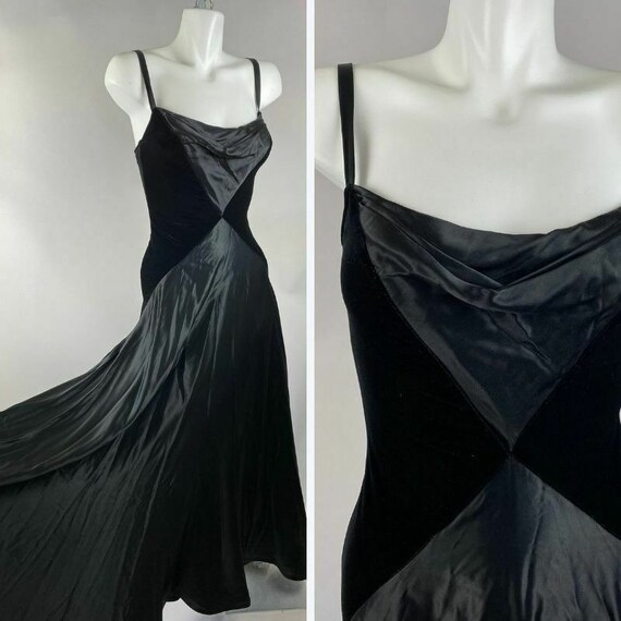 Vtg 90s Tadashi Black Satin Velvet Draped Long Swe