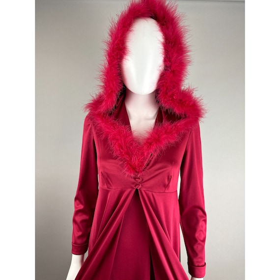 Vtg 70s Maroon Marabou Trim Hooded Robe w/ Maxi D… - image 5