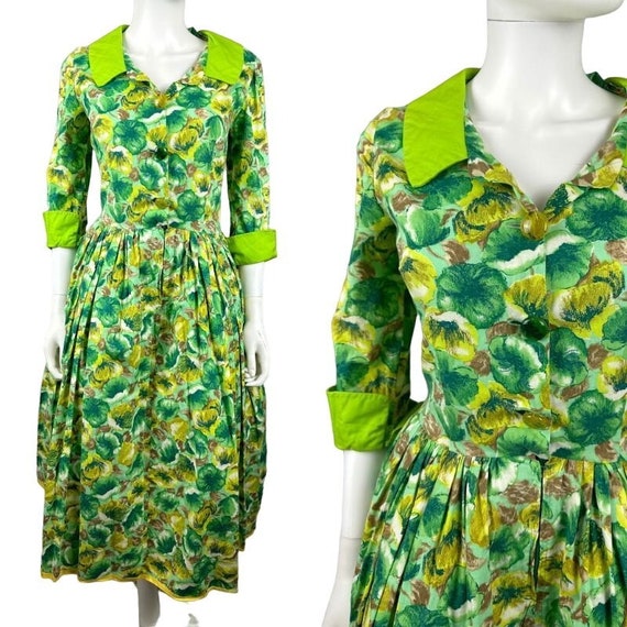 1950s Green Floral Shirt Waist Day Dress Fit Flar… - image 1