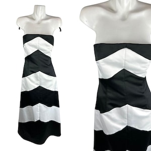 Vtg 90s Jessica Mcclintock Strapless Gown Black White Chevron Dress Prom Sz 10