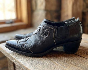 Vintage 90s Black Leather Cowboy Boots Ankle Bootie Boho Western Grunge 6.5