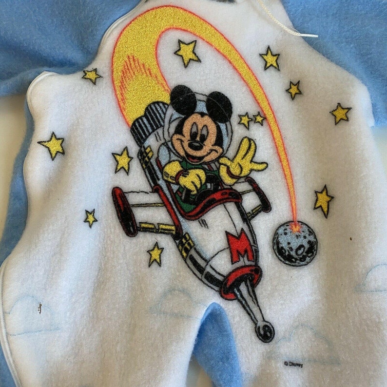 Vtg 80s 90s Mickey /& Friends Rocket Ship Pajamas One Piece Hooded Sleep Suit S