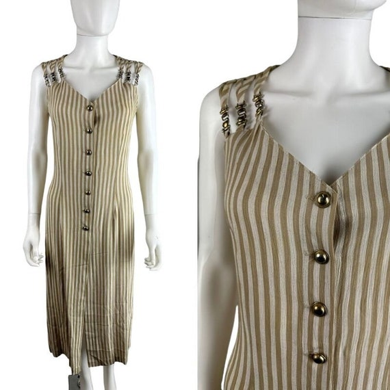 Vtg 90s Beige White Stripe Midi Dress Button Down… - image 1