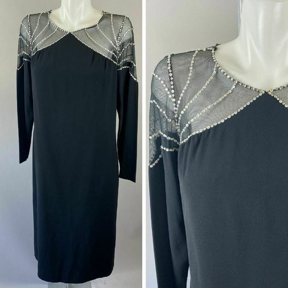 Vtg 80s Victor Costa Black Shift Dress Mesh Spider
