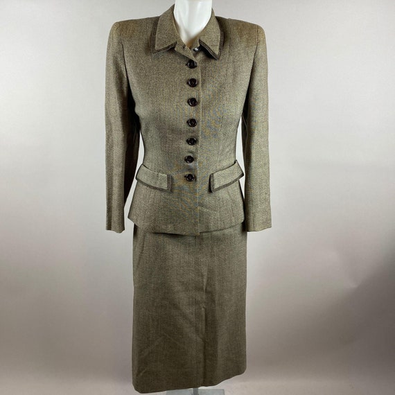 Vtg 40s Womens Wool Houndstooth Brown Blazer Skirt