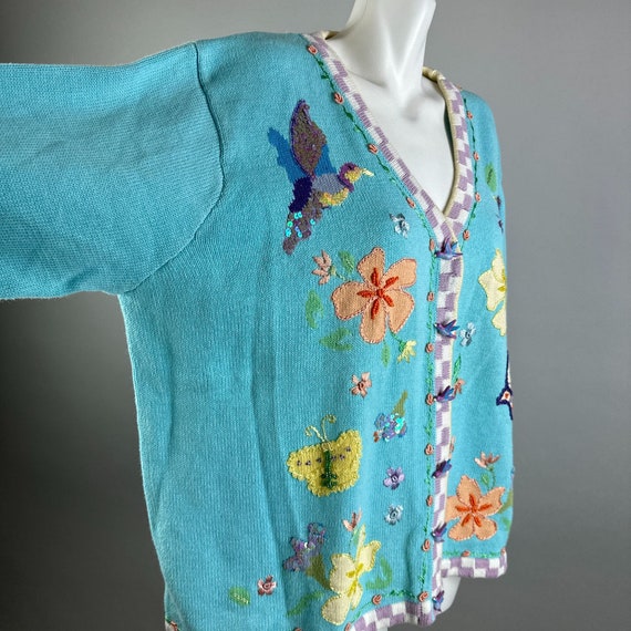 Vtg 90s Storybook Knits Whimsical Garden Blue Car… - image 3