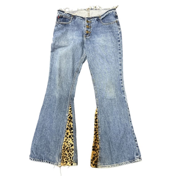 Vtg 90s Mudd Flare Bellbottoms Custom Leopard Fur Jeans Low Rise Size 9 11 Etsy