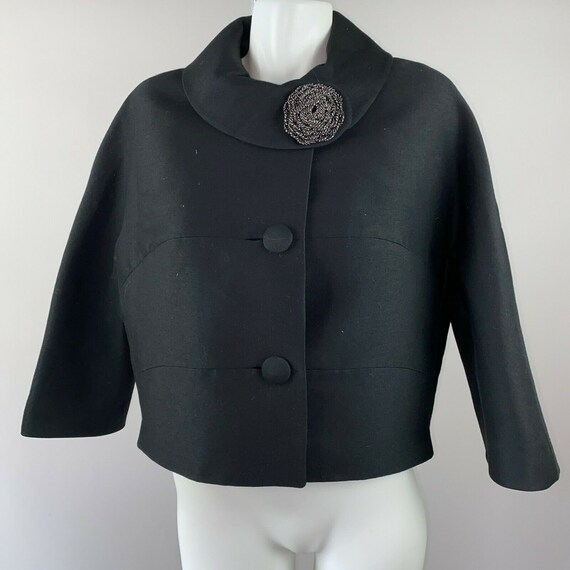 Vtg 50s Black Wool Evening Jacket Cropped Floral C
