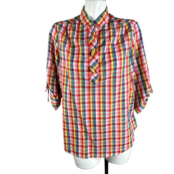 Vtg 80s Rainbow Plaid Button Down Blouse Tie Slee… - image 1