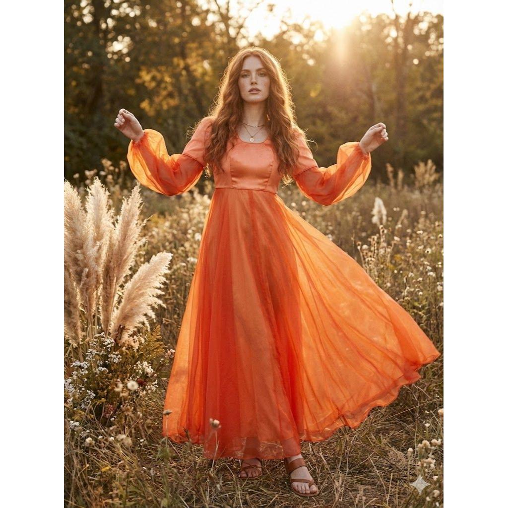 flowy burnt orange dress Designer Long Flowy Dresses | Deep Neckline Dress | Shahida Parides Medium main image 0