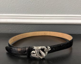 Vintage jaren 90 Brighton leren riem Holiday Series Klassiek ontwerp Zwart Zilver 34