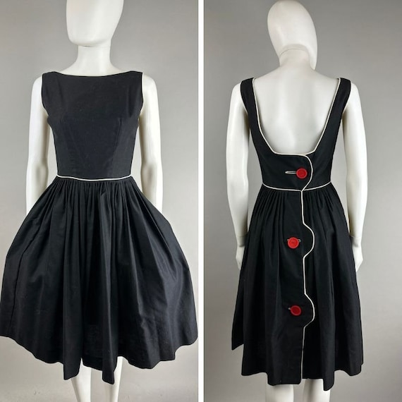 Vtg 60s Black Textured Cotton Fit Flare Button Ba… - image 1