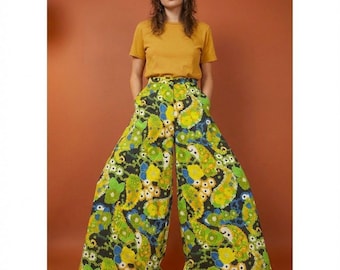 Vtg 60s Green Floral Flower Power Wide Leg Palazzo Pants Bright Bell Bottoms S