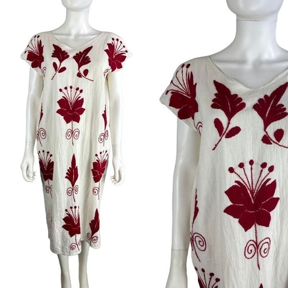 Vtg 70s White Cotton Gauzey Red Floral Embroidery… - image 1