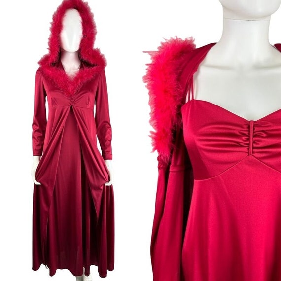 Vtg 70s Maroon Marabou Trim Hooded Robe w/ Maxi D… - image 1