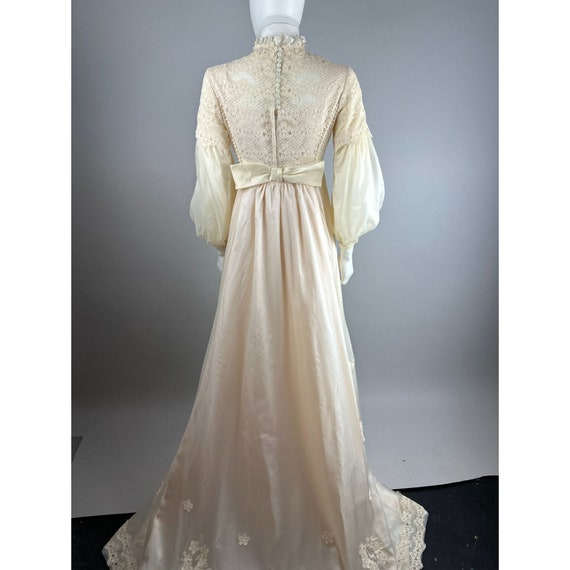 1960s Cream Wedding Dress Bishop Sleeves Floral E… - image 9