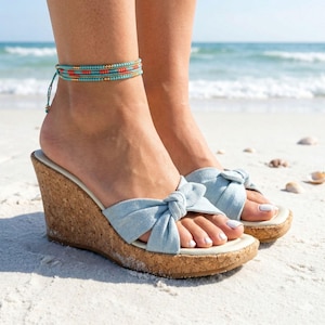 Vintage Y2K Rampage Blue Denim Platform Sandals Cork Chunky Bratz Grunge Size 8