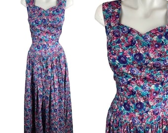 1980s Colorful Floral Cottagecore Maxi Dress Sleeveless Purple Pink Cotton MVintage