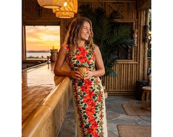Vintage 60s Tiki Mod Hawaiian Maxi Dress Red Hibiscus Floral Train Hostess Gown M
