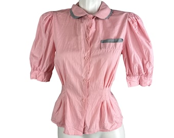 Vtg 80s Pastel Pink Barbiecore Fitted Peplum Blouse Gray Trim Collar Size Large