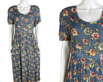 Vtg 90s Blue Red Floral Crinkle Rayon Day Dress Whimsigoth Beaded Size Small