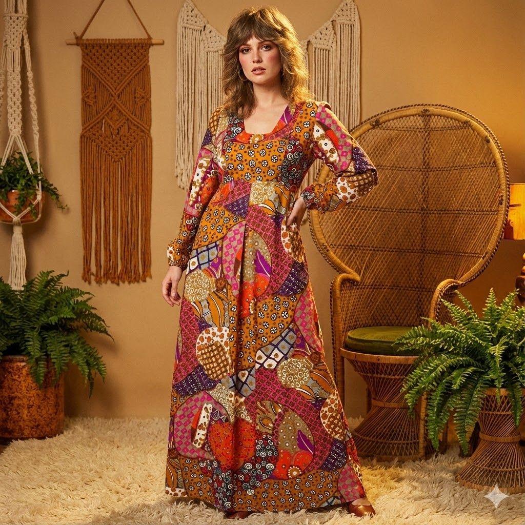 knee length dresses for ladies Mid Century Modern Psychedelic Retro Long Sleeve Midi Dress, Groovy 70s Boho Bohemian Style Floral Printed Dress