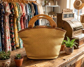 Vintage Y2K Fossil 75082 Beige Woven Canvas Wood Handle Satchel Tote Bag Purse