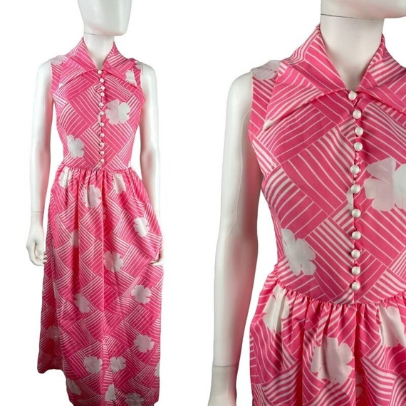 1970s Shady Lane Pink Maxi Dress Sleeveless Flora… - image 1