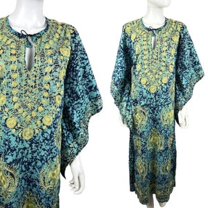 1970s Pakistan Tie Dye Embroider Pake Muu Kaftan Angel Wing Dress Size MediumVintage