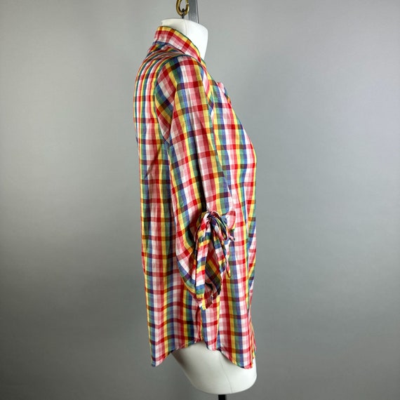 Vtg 80s Rainbow Plaid Button Down Blouse Tie Slee… - image 3