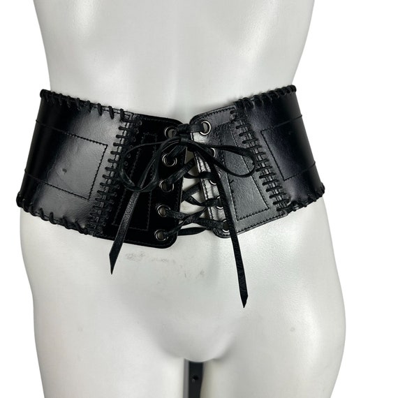 Vtg 80s Yves Saint Laurent Black Wide Leather Lac… - image 1