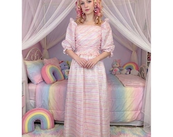 Vtg 80s Cotton Candy Pink Striped Puff Shoulder Party Dress Fairy kawaii 12