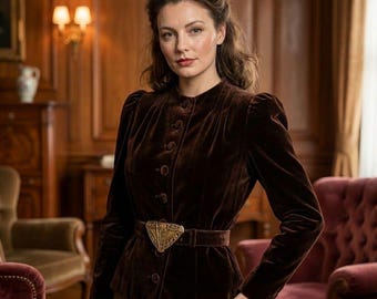 Blazer ajustado de terciopelo y seda marrón Bramson vintage de los años 40 con hebilla Art Nouveau, tallas XS y S, TLC.