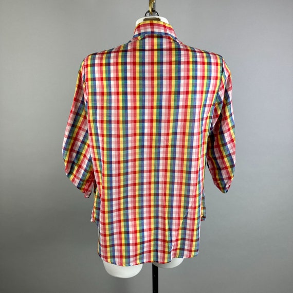Vtg 80s Rainbow Plaid Button Down Blouse Tie Slee… - image 2