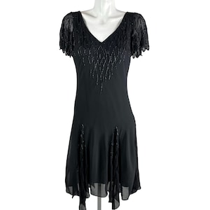 Vestido Laxmi negro con cuentas, dobladillo de pañuelo, gasa Fairycore, talla 8, J.V. Y2K