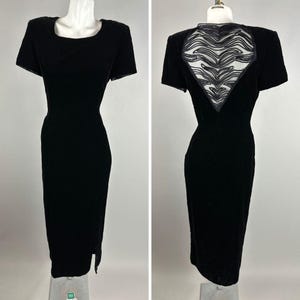 Vtg 90s Black Short Sleeve Velvet Sheer Lace Back Sexy Slinky Maxi Dress Size 4