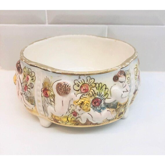 3 Vintage Capodimonte Woven Porcelain Basket Ring Dishes Italian Faience Bowls Majolica Spaghetti ware Reticulated Shabby Chic Kitsch Decor