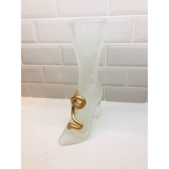 Retro Frosted Glass Boot Vase With Gold Detail Etsy